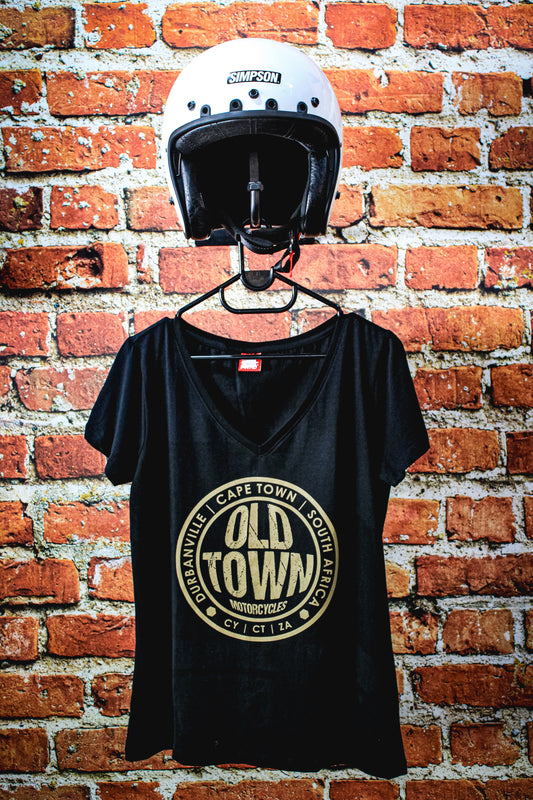 Black Ladies T-Shirt - Gold Old Town Motorcycles
